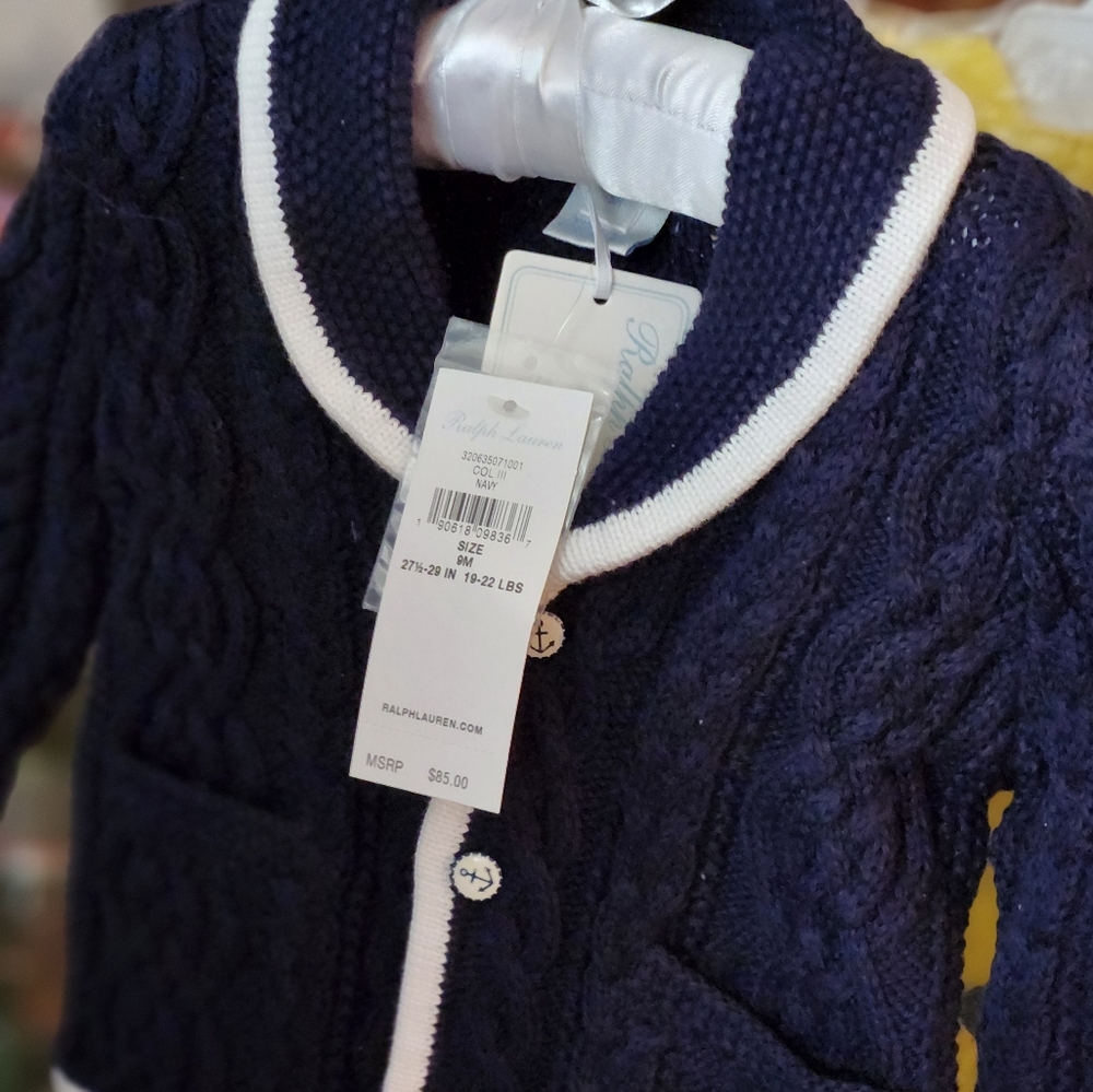 Ralph Lauren  9M Baby Boy Navy Blue Knit Cable Sweater with White Trimming